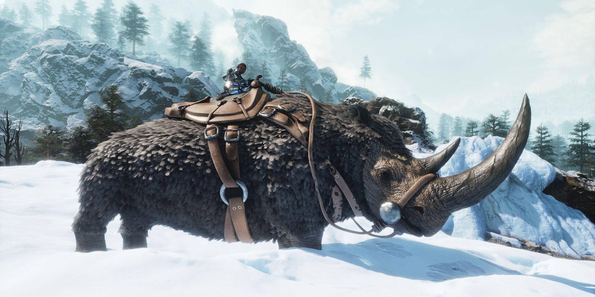 ARK Survival Ascended Woolly Rhino Survivor Mounted Snow Biome