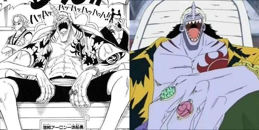 Arlong laughing maniacally, comparison between the Anime and the Manga