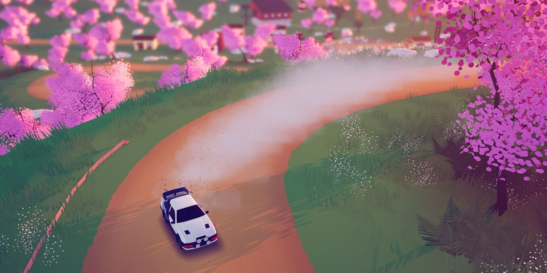 Un coche blanco corriendo por una pista de tierra con cerezos en flor a ambos lados en Art Of Rally