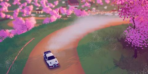 A white car racing along a dirt track with cherry blossoms either side in Art Of Rally