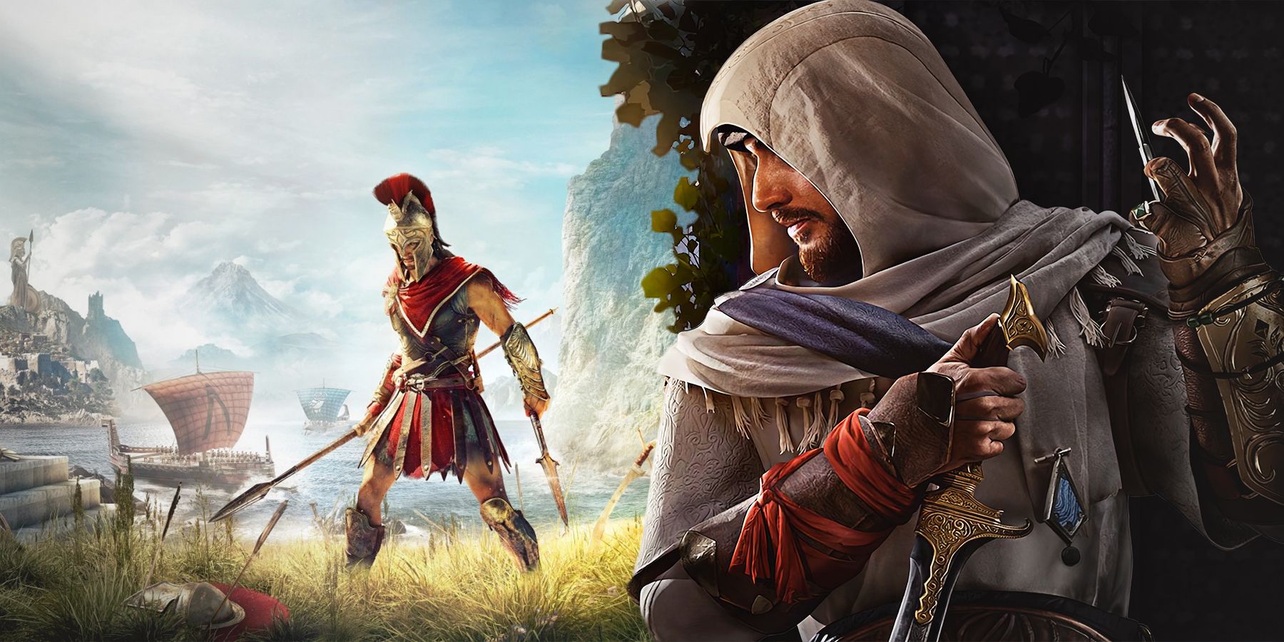 Assassin's Creed Mirage Basim sneaking up on Alexios from AC Odyssey composite