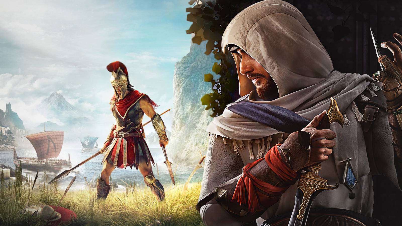 Assassin's Creed Mirage Basim sneaking up on Alexios from AC Odyssey composite