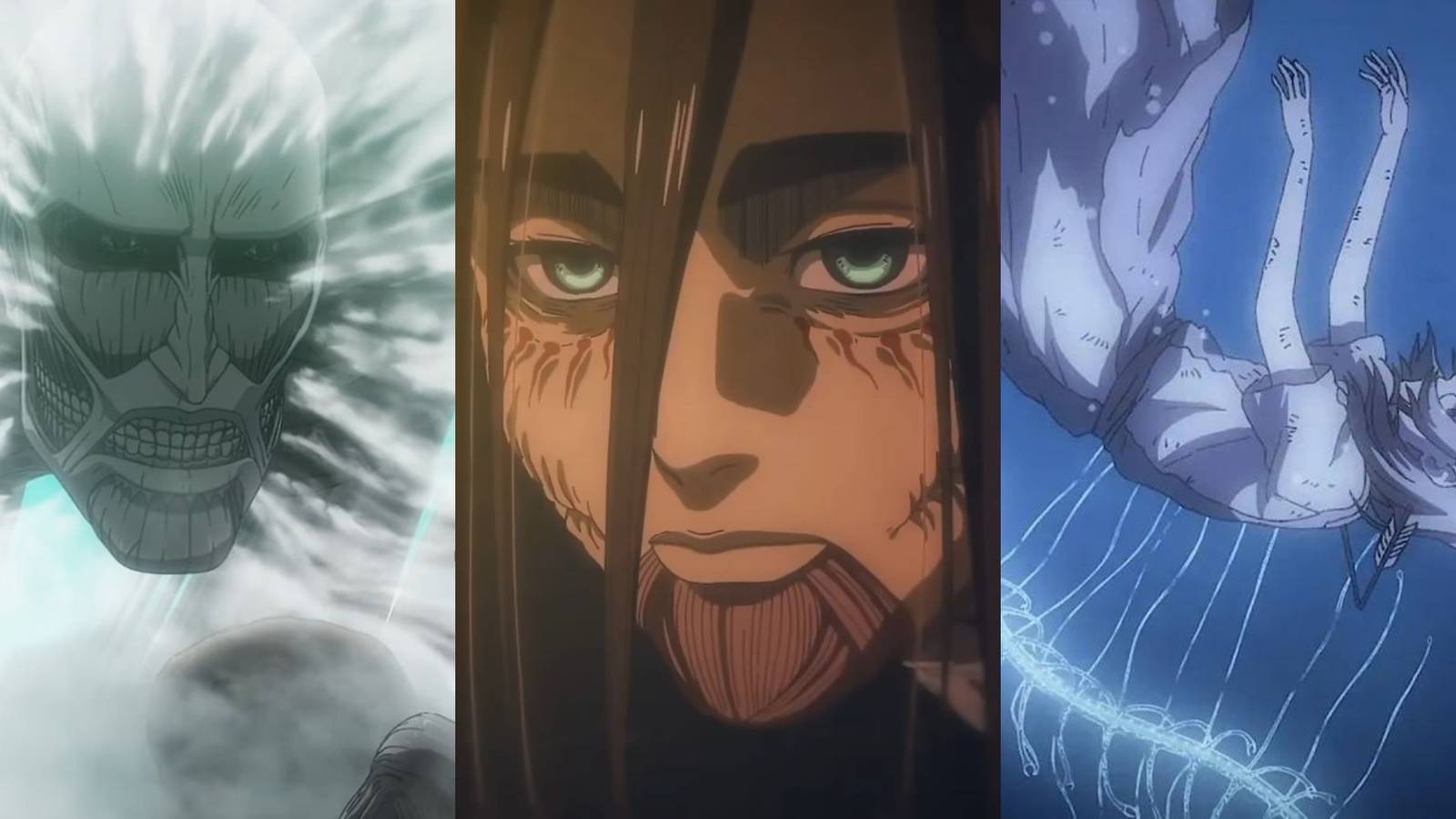 A collage of 8 different details in The Final Episode of Attack on Titan, like the previous Titan Shifters, Eren Yeager's death and Ymir Fritz with the worm