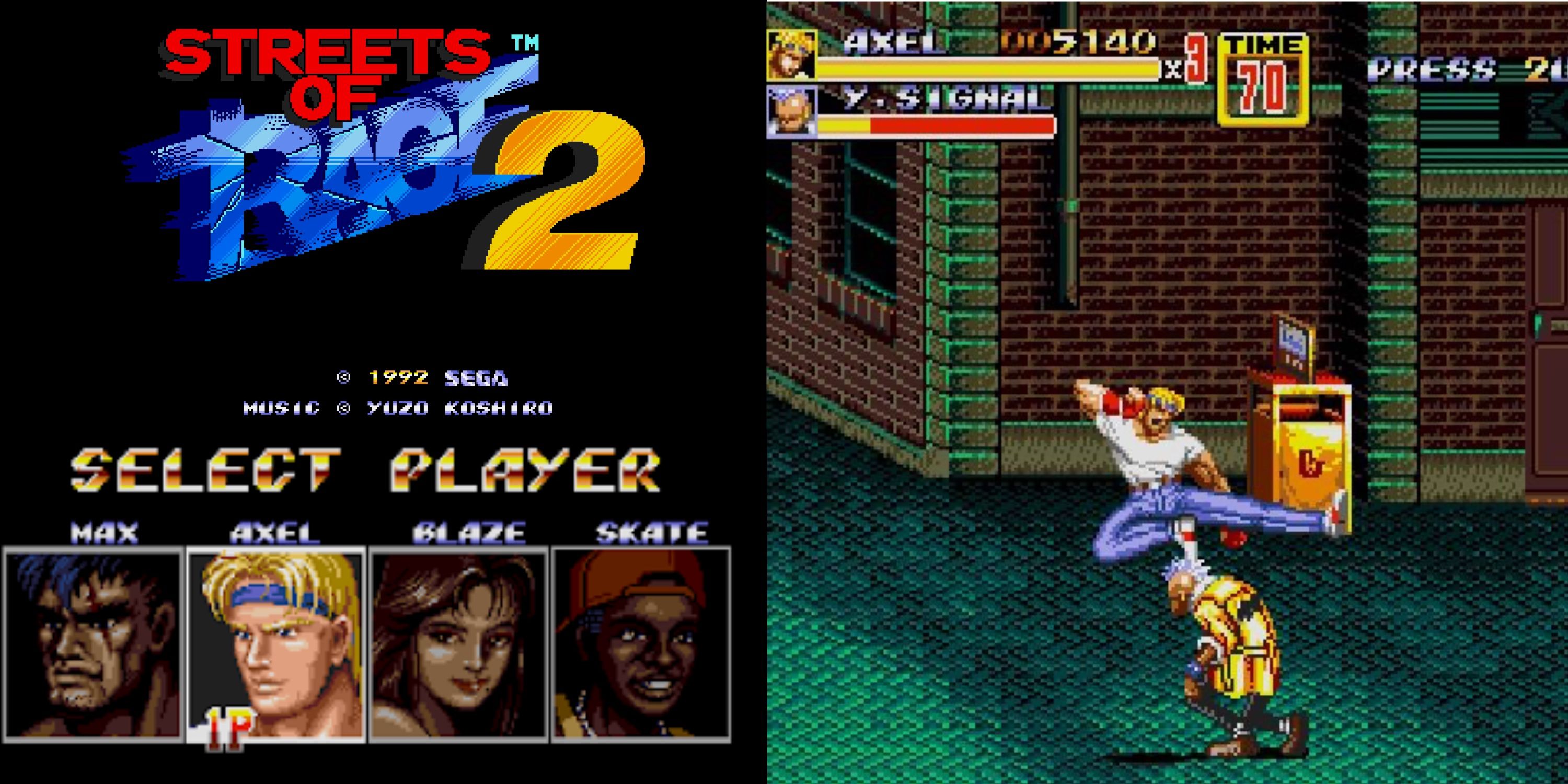 aStreets of rage 2 title screen, screenshot and player select screen