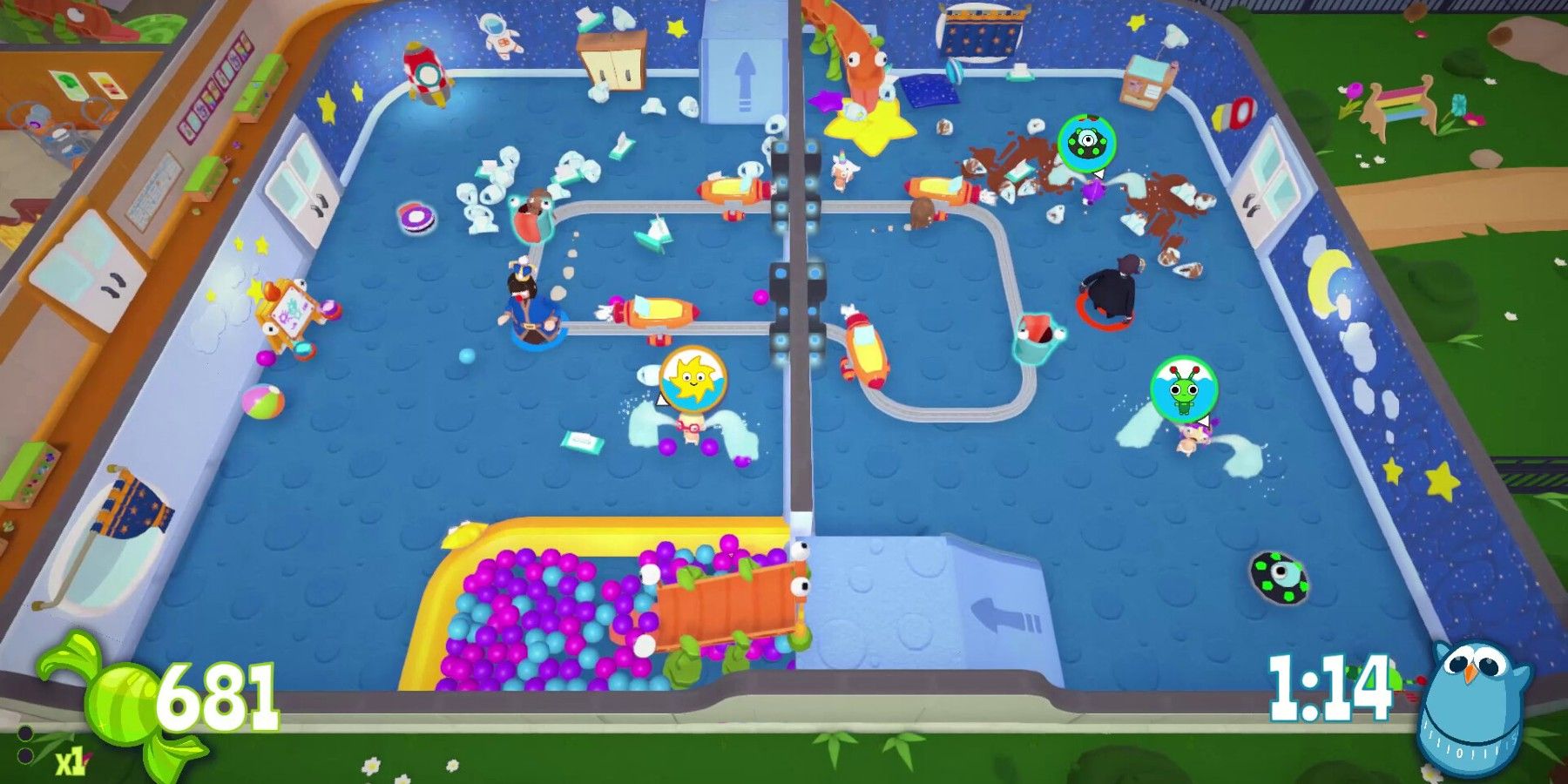 Baby Storm game chaotic scene in nursery with ballpit