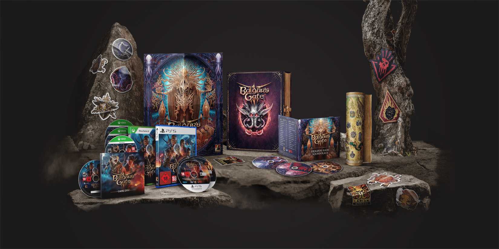 Baldur's Gate 3 physical Deluxe Edition on dark gray background