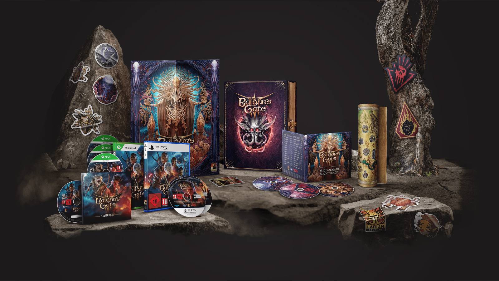 Baldur's Gate 3 physical Deluxe Edition on dark gray background