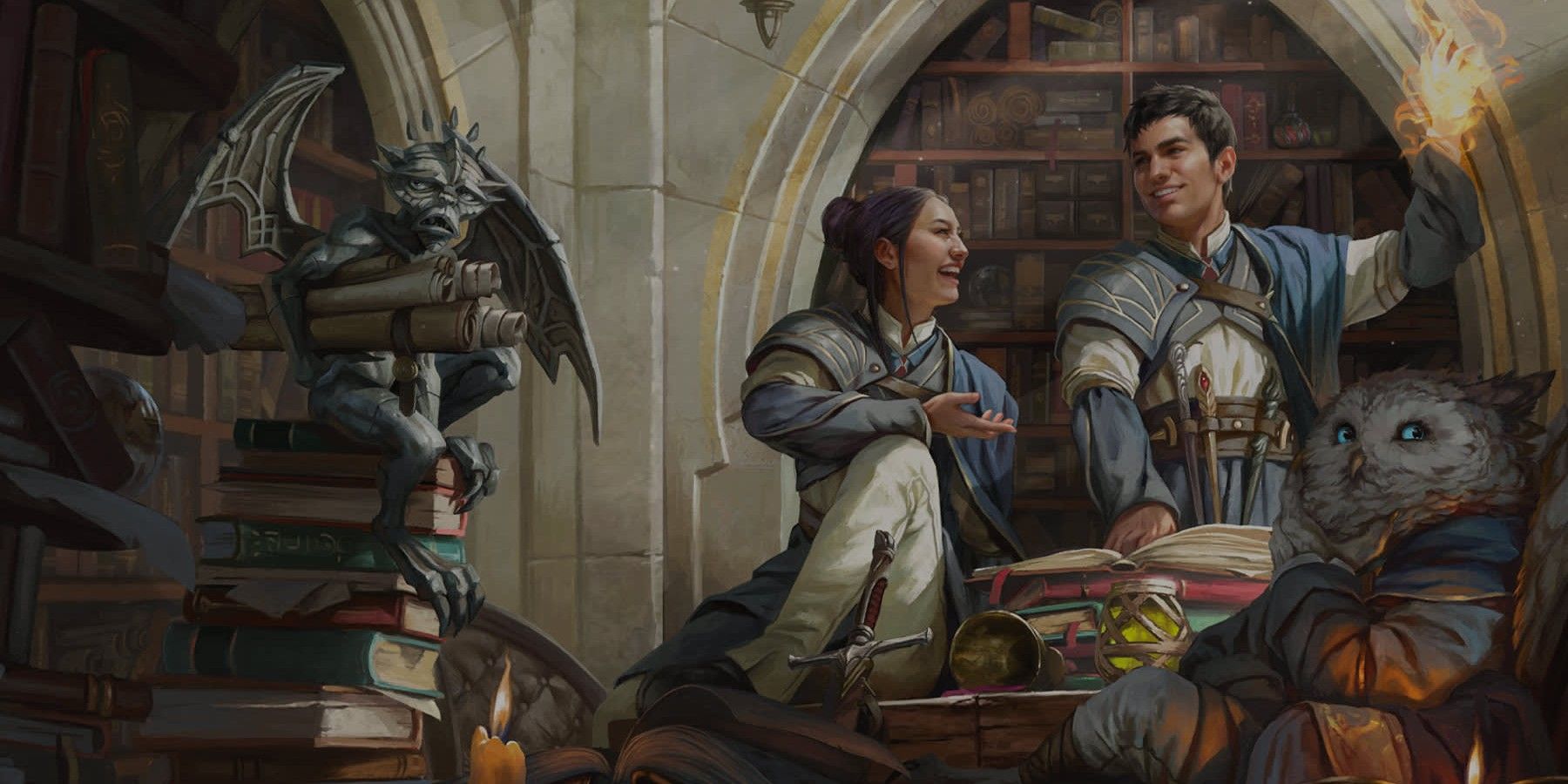 Close up of Strixhaven: A Curriculum of Chaos key art for Dungeons and Dragons featuring two human students and one owlin student