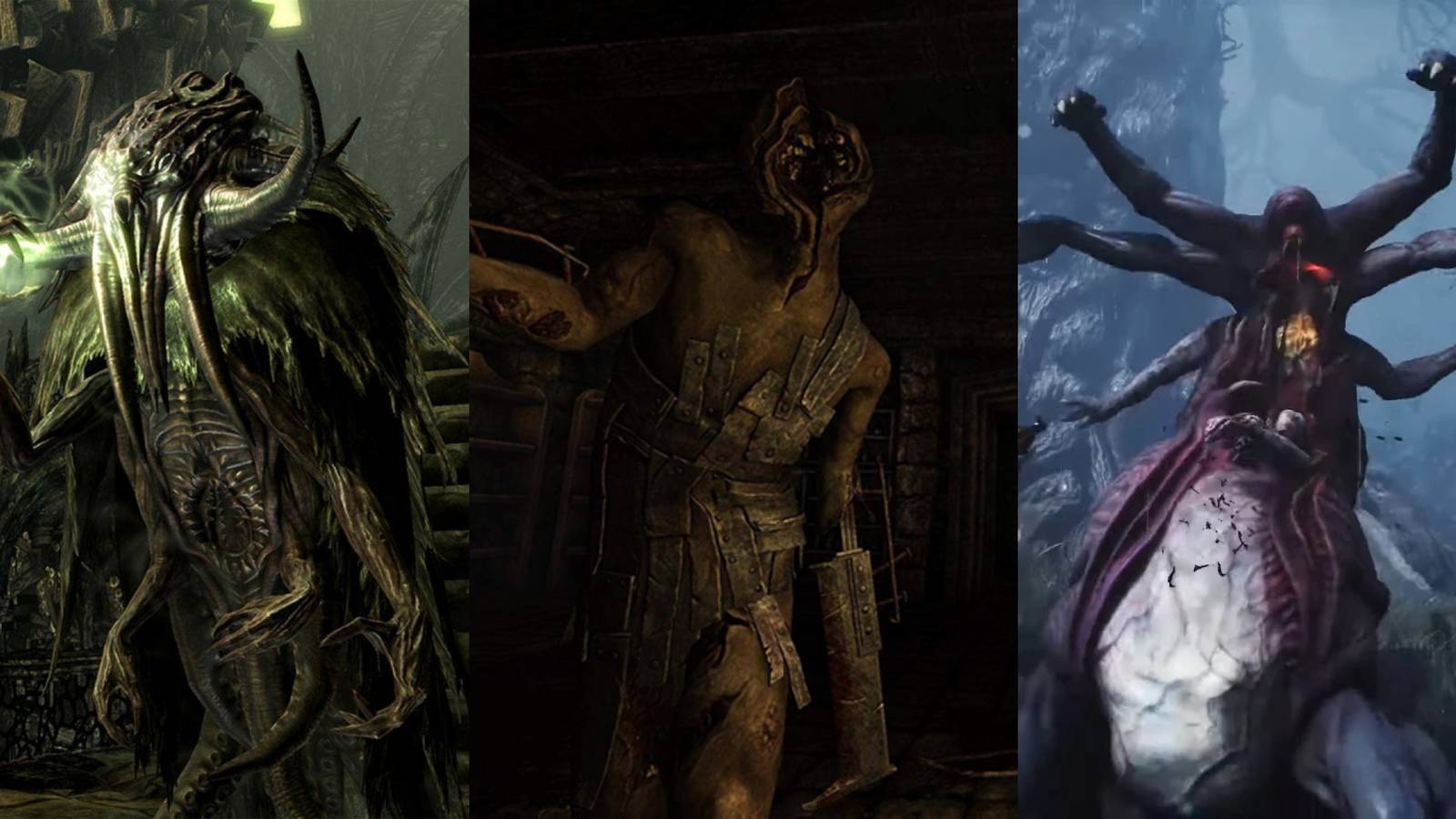 Best Cosmic Horror Games, Ranked split image monsters Call of Cthulhu, Amnesia Dark Descent Sinking City