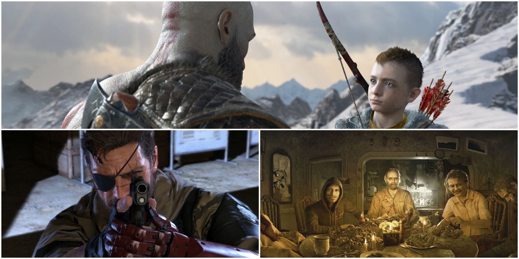 Split image showing God of War, MGSV, and Resident Evil 7.