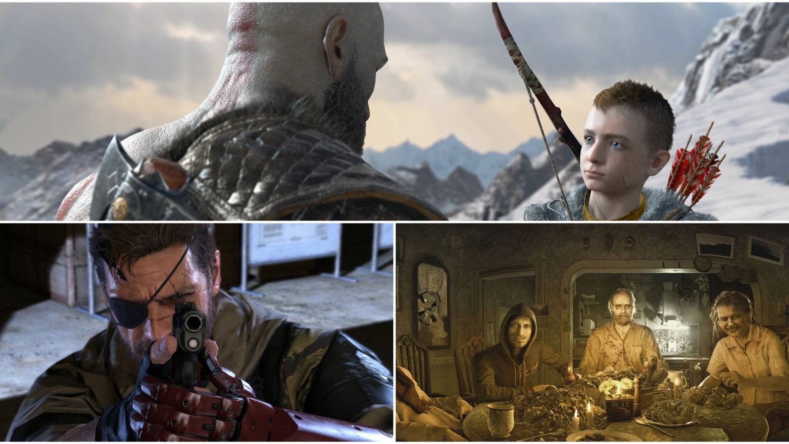 Split image showing God of War, MGSV, and Resident Evil 7.