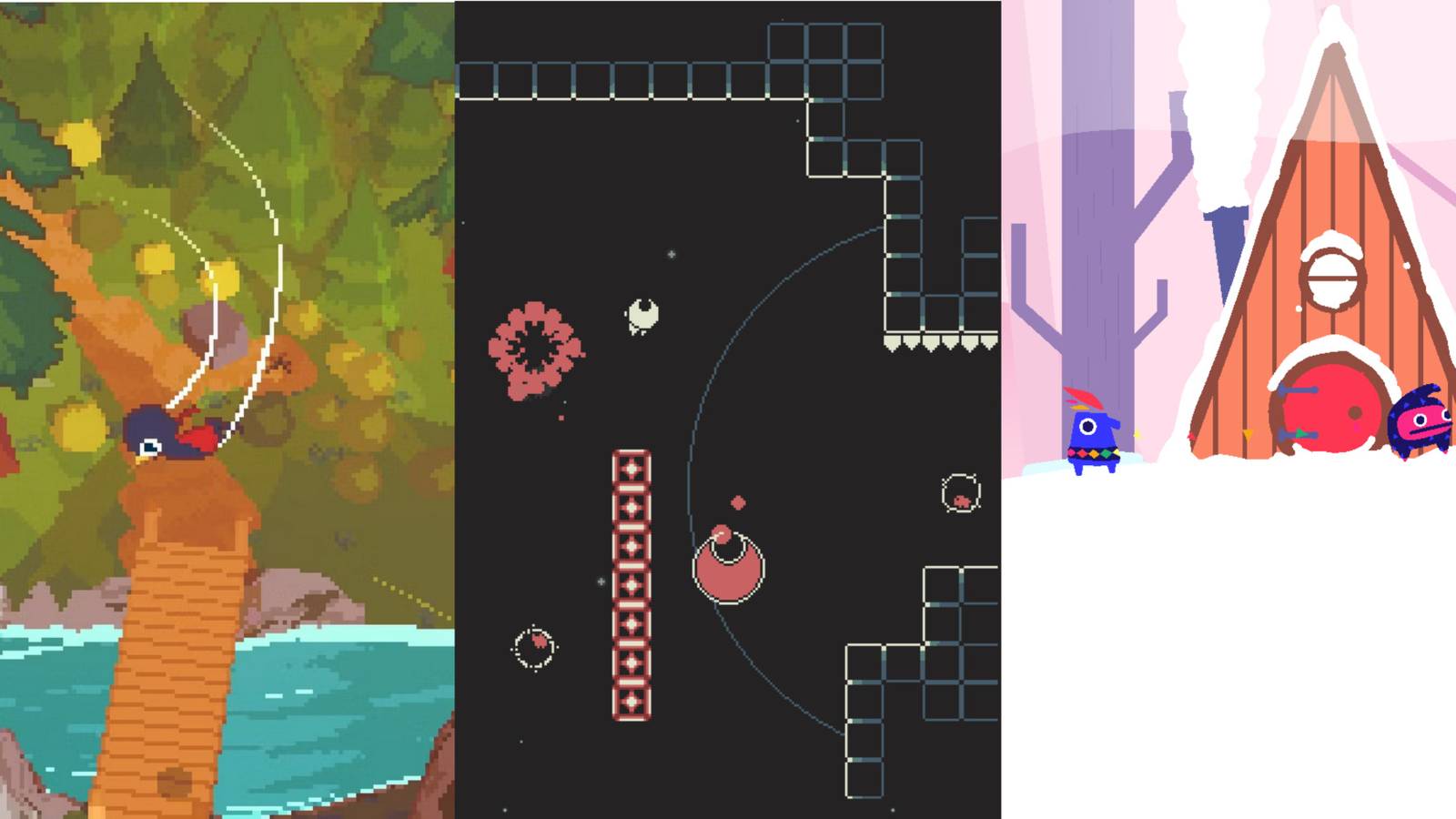 Bird Gliding In A Short Hike, Platforming Challenge In SELF, Two Characters Outside Snowy Cabin In Pikwip