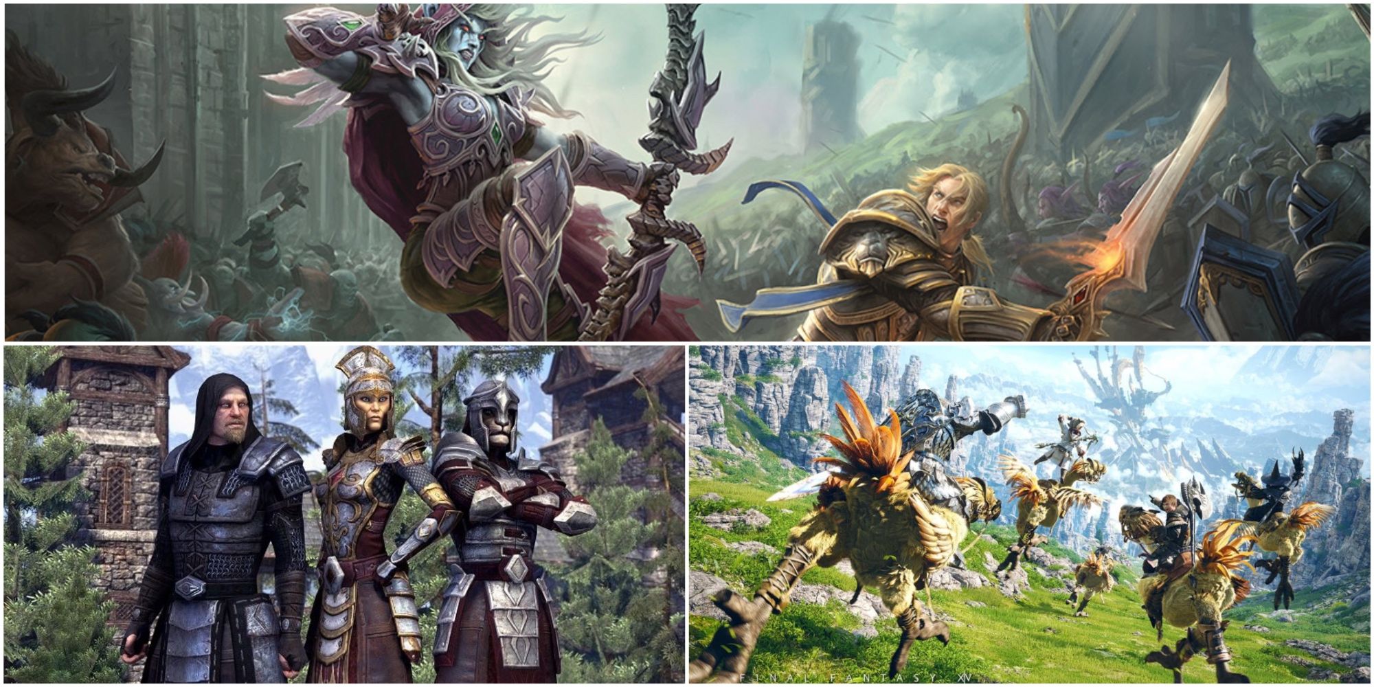 Split image showing Final Fantasy 14, World of Warcraft, and Elder Scrolls Online.