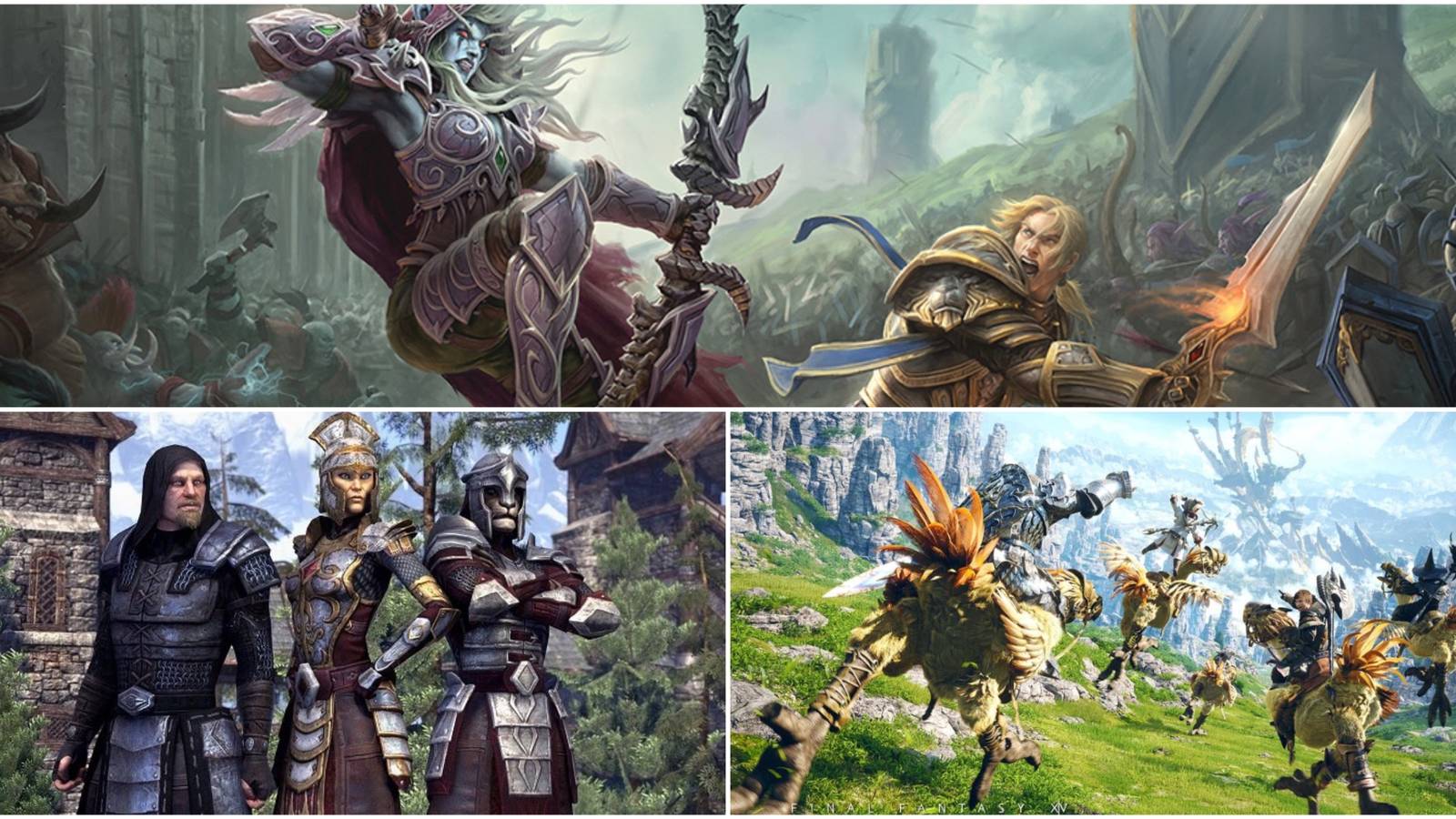 Split image showing Final Fantasy 14, World of Warcraft, and Elder Scrolls Online.