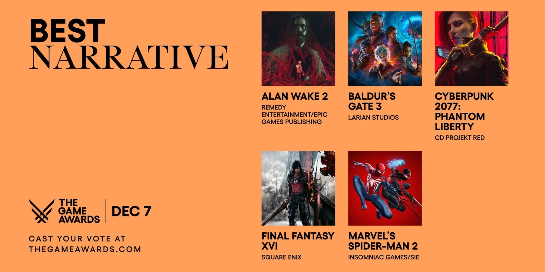 The Game Awards on X: This year's Best Narrative category is filled with  games with incredible storytelling. Which game will you be voting for? Vote  now at  #TheGameAwards  / X