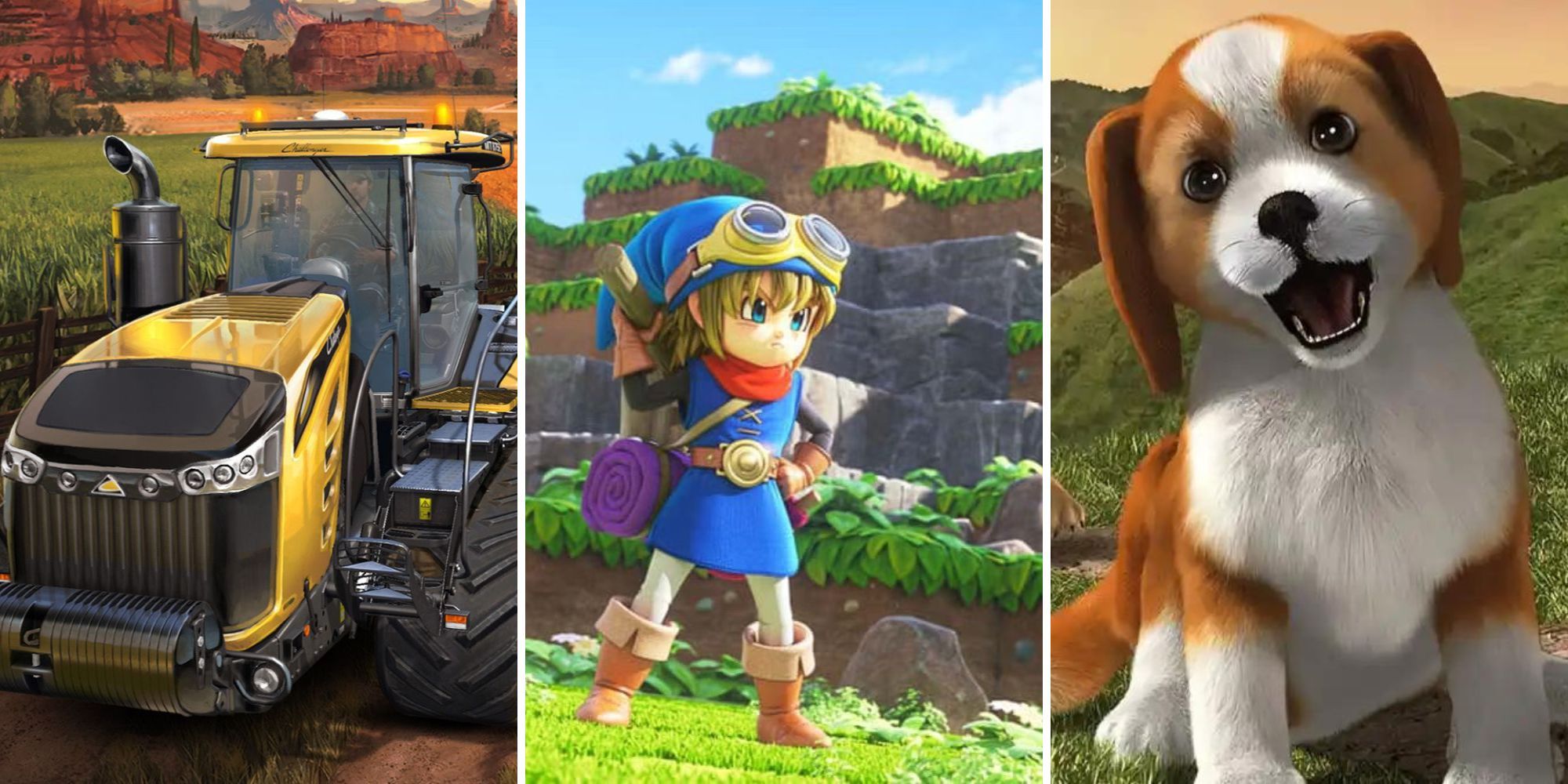 A grid showing the simulation games Farming Simulator 18, Dragon Quest Builders, and PS Vita Pets