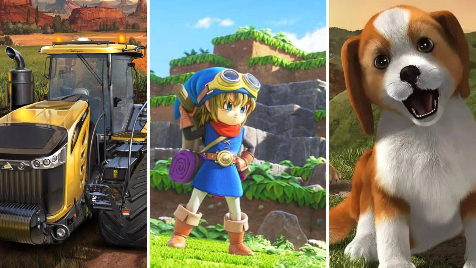 A grid showing the simulation games Farming Simulator 18, Dragon Quest Builders, and PS Vita Pets