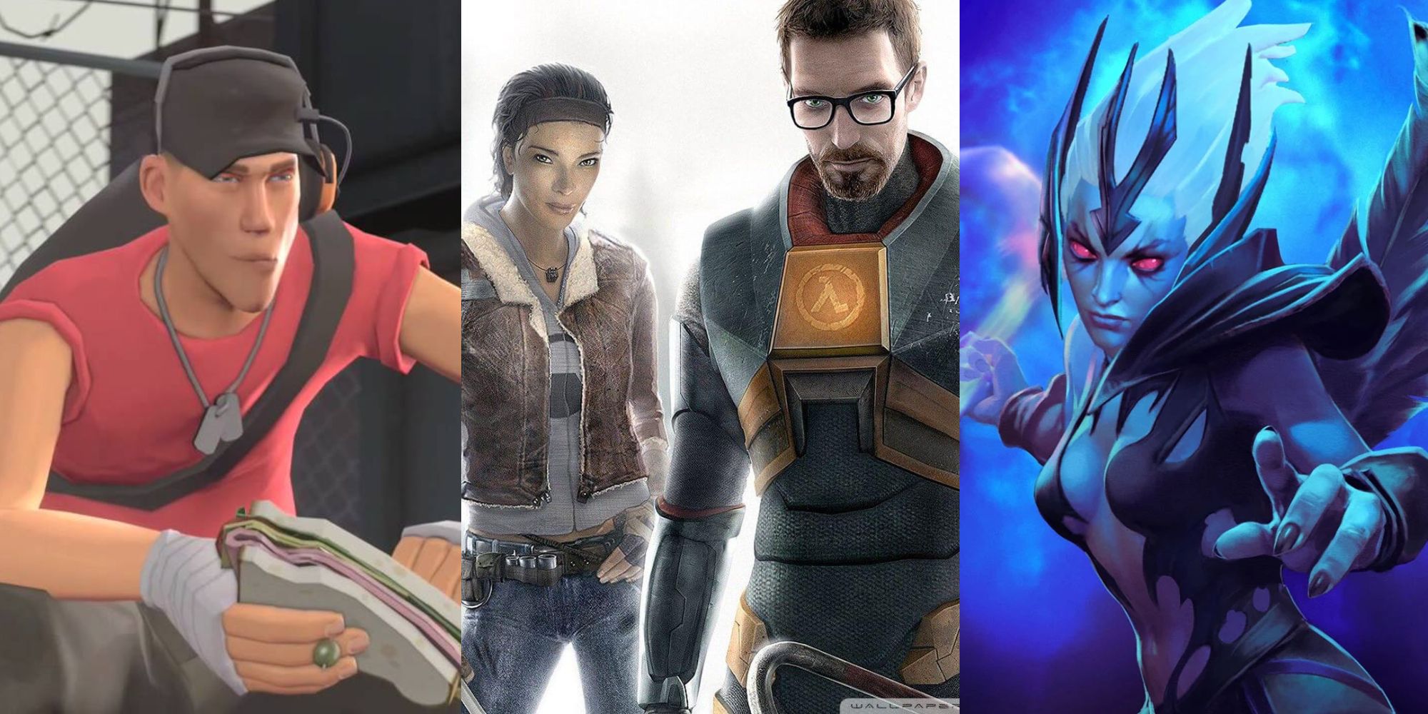 Best Romances In Valve Games split image Scout from TF2, Gordon and Alyx from Half-Life 2, Vengeful Spirit from Dota 2