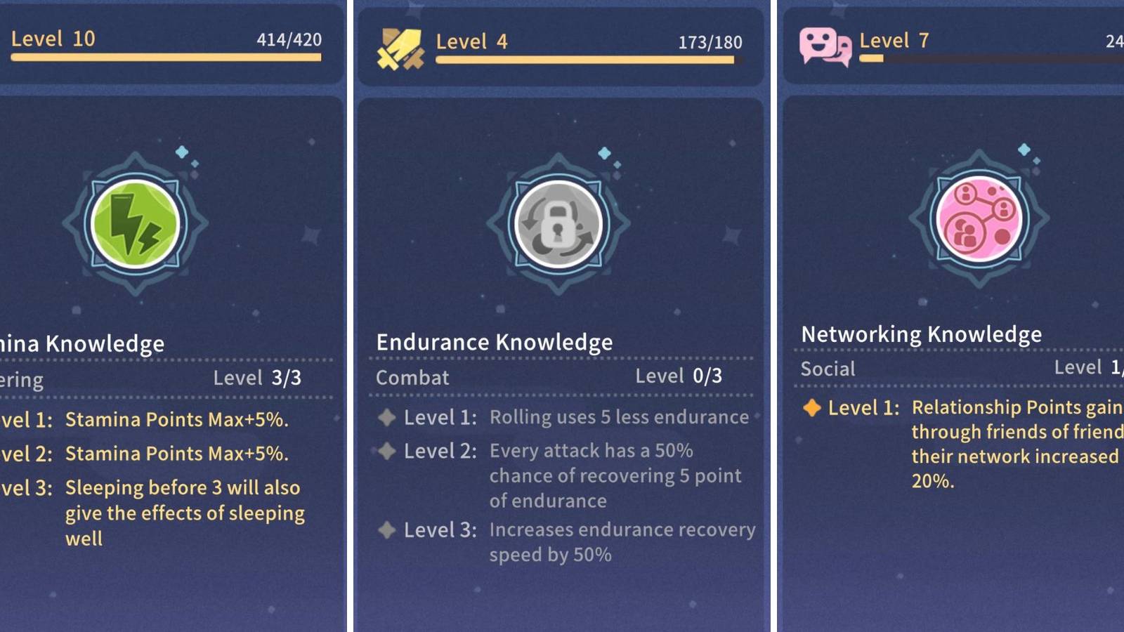 A grid showing three of the skills in My Time at Sandrock