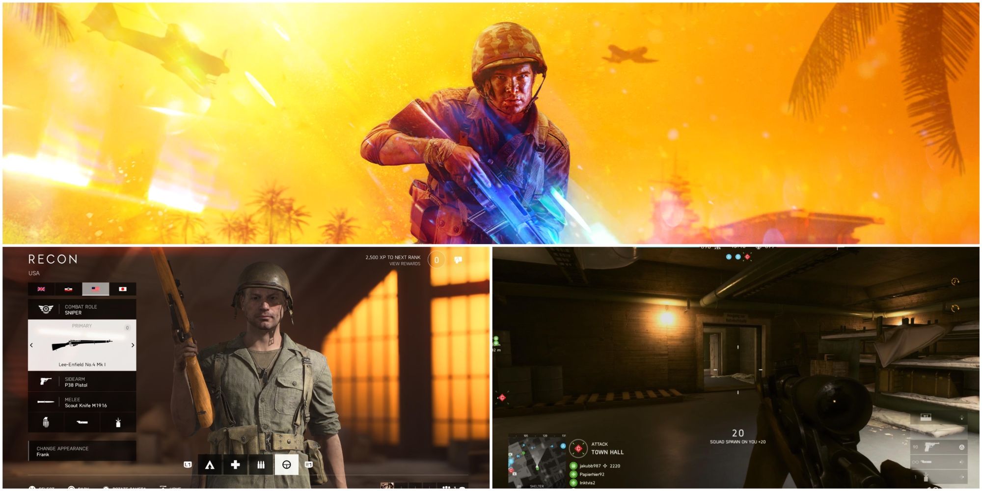 Imagem dividida mostrando um soldado carregando um atirador no Battlefield 5.