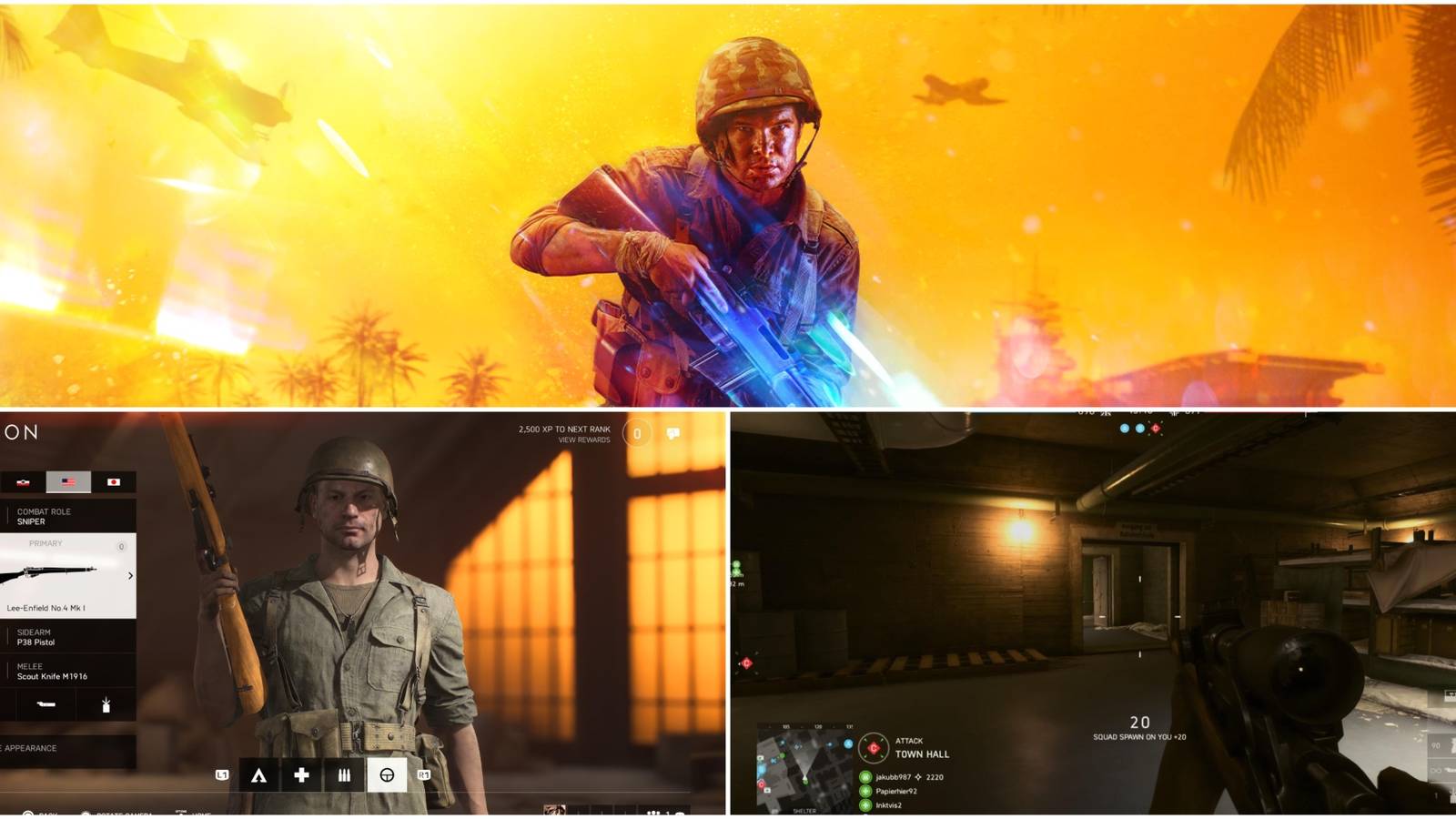 Split image showing a soldier carrying a sniper in Battlefield 5.