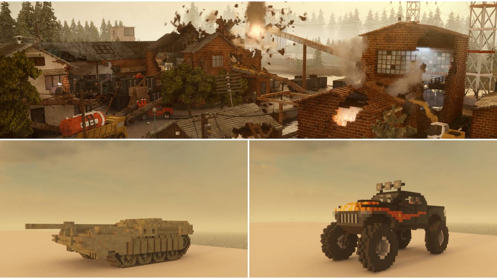 Split image showing Tank, Monster Truck and exploding buildings in Teardown.