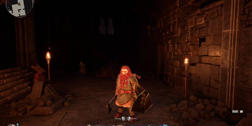 player holding improvised axe in return to moria