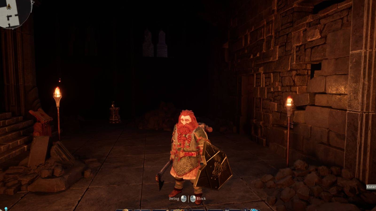 player holding improvised axe in return to moria