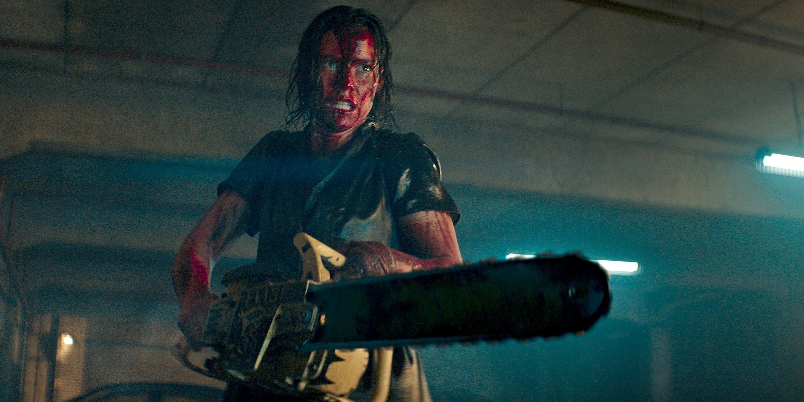 Beth with a chainsaw in Evil Dead Rise