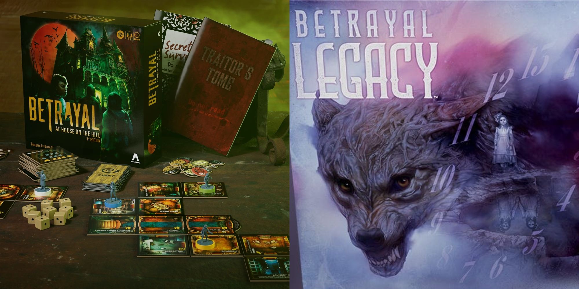 Betrayal at House on the Hill and Betrayal Legacy boxes, with the contents of BAHONTH laid out on table