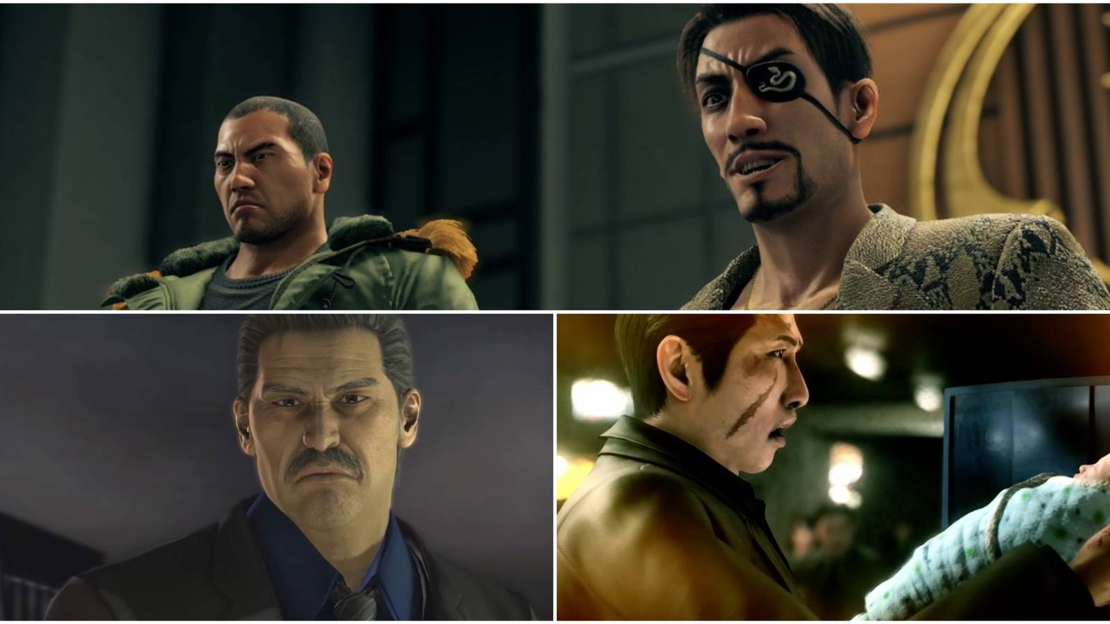 Split image showing Joji, Arasaka, Majima and Saejima.