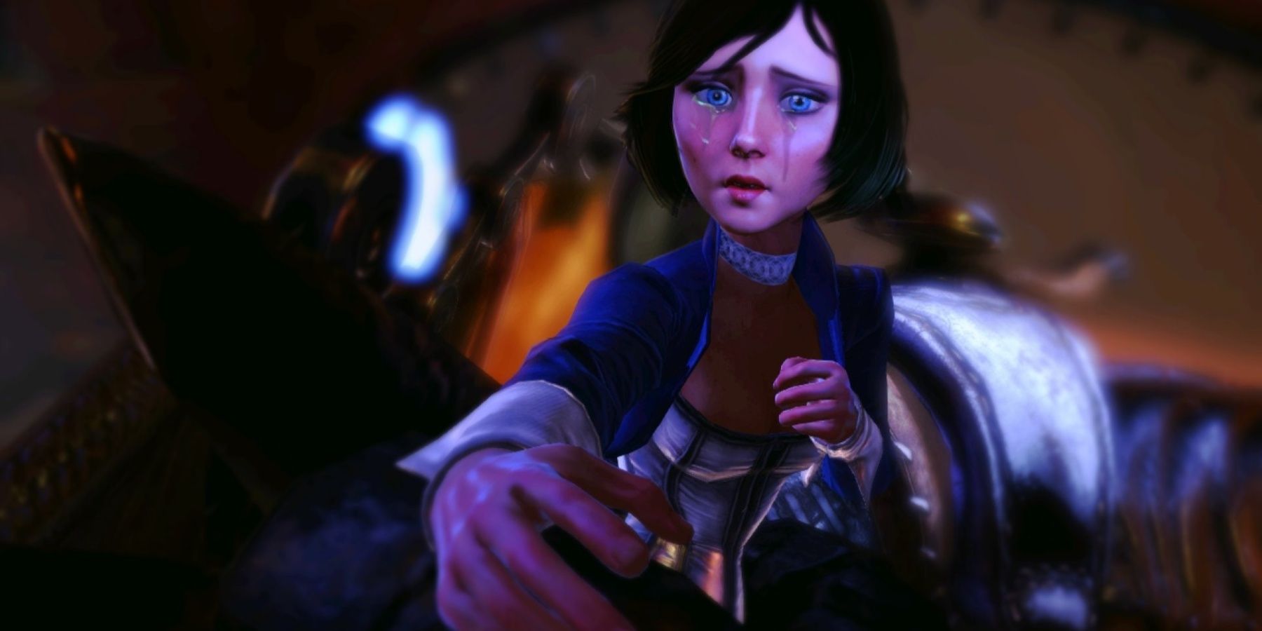 A crying woman, Elizabeth from Bioshock Infinite, leaning towards the camera