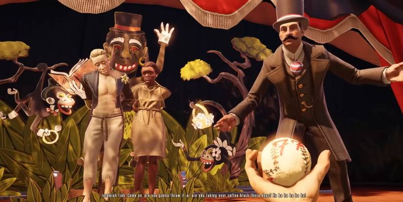 A black and white couple tied up on a stage with racist depictions, while a showman looks at the player holding a ball