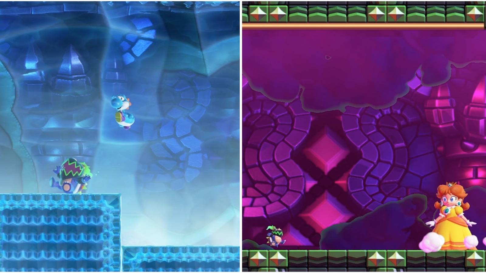 Blue Yoshi and Princess Daisy fighting Bowser Jr. in Super Mario Bros. Wonder