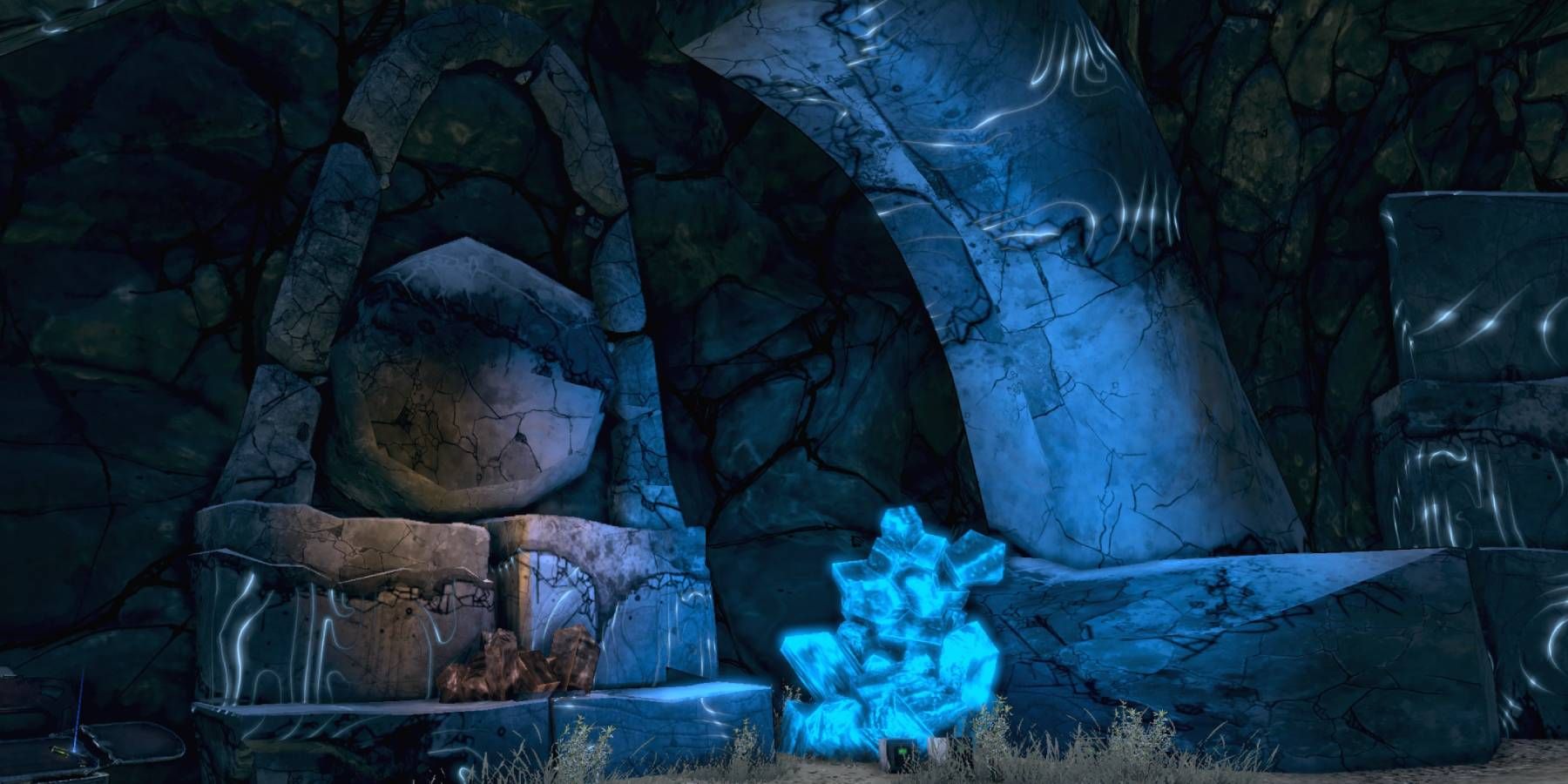 A vault symbol-shaped structure in a cave from Borderlands