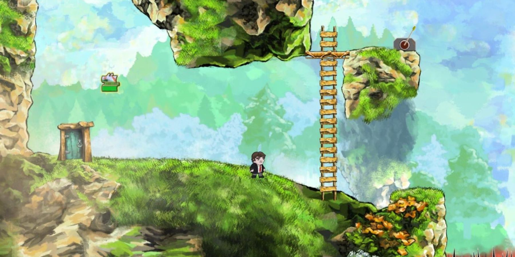 A pixel character standing next to a ladder on grass