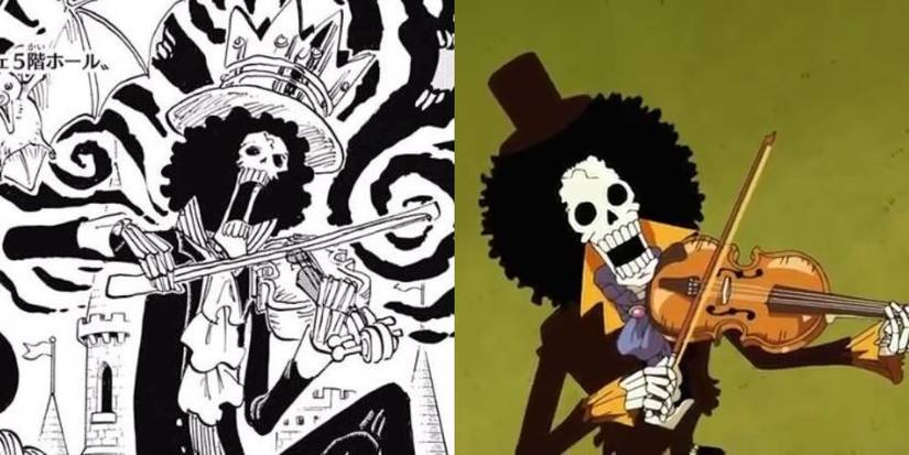 Brook playing the violin, comparison between the Anime and the Manga