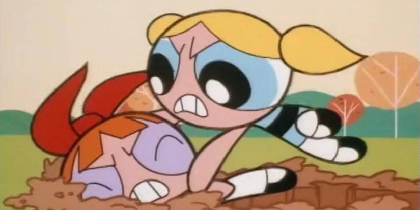 Bubbles tackles Blossom to the ground in the Powerpuff Girls series