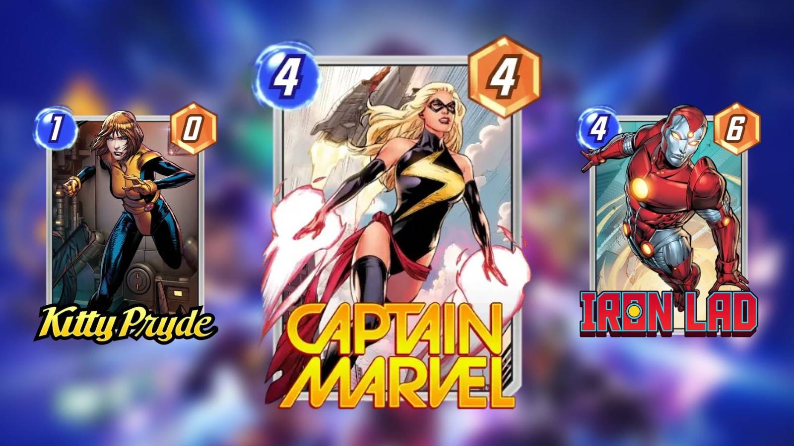 captain marvel, kitty pryde, and iron lad in marvel snap.