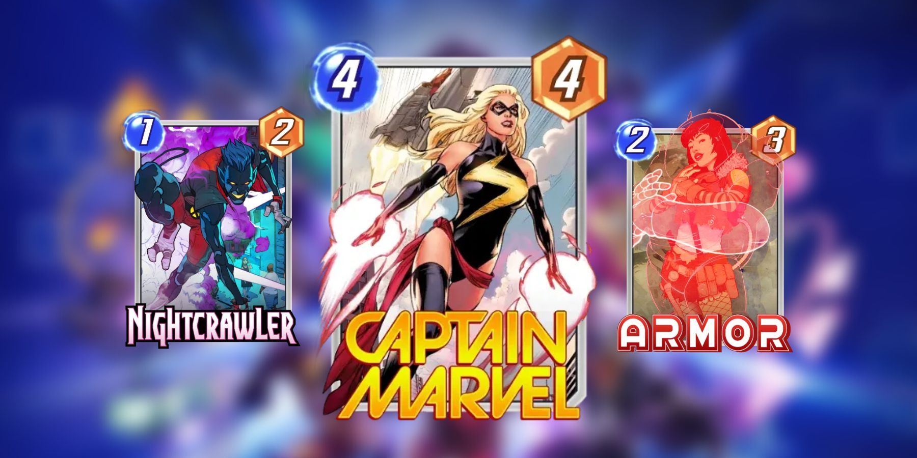 captain marvel, nightcrawler, and armor in marvel snap.