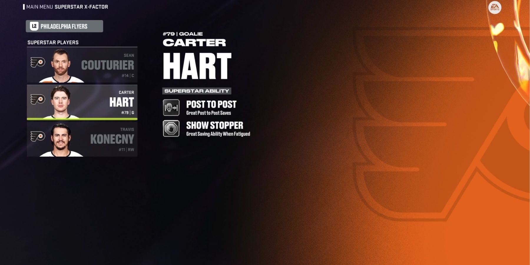 Una pantalla que muestra las habilidades de Carter Hart.