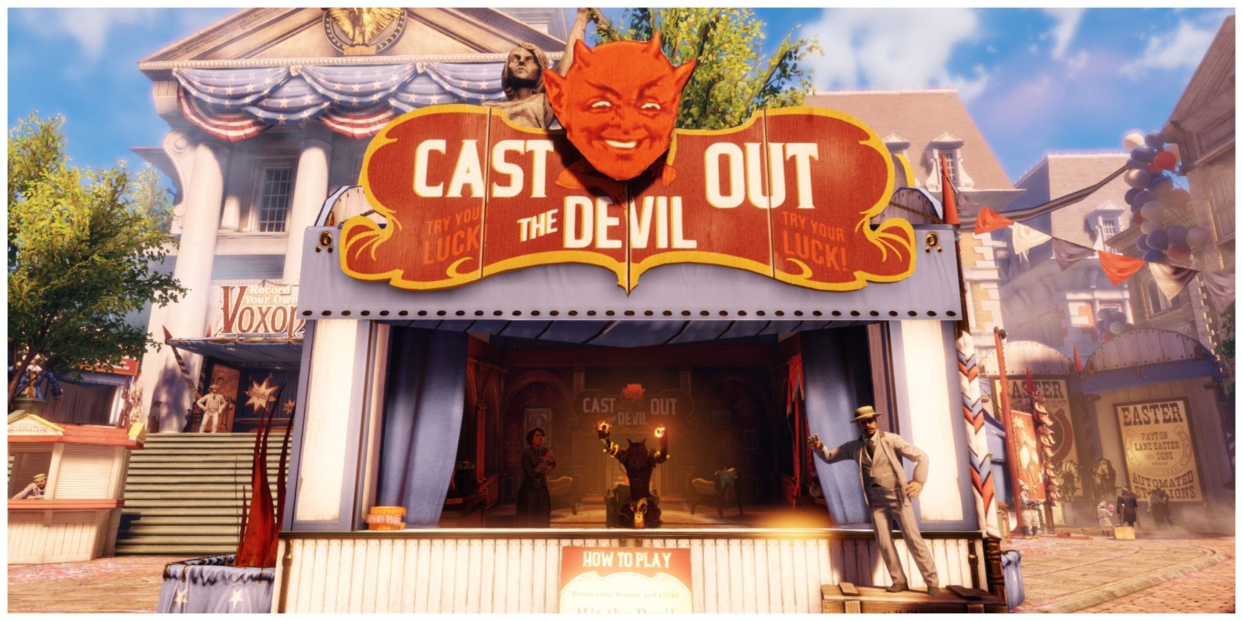 A fair stall in Bioshock Infinite with a sign saying Cast Out The Devil and a man standing in front of it