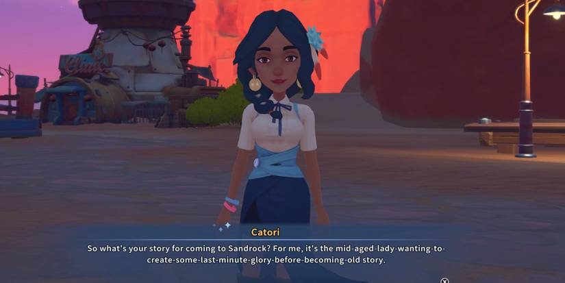 The player talking to Catori as the sun sets in My Time at Sandrock