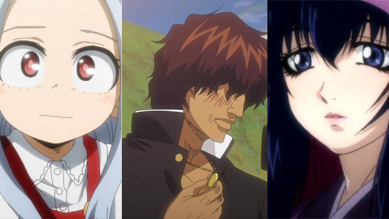Split image of a smiling Eri from My Hero Academia, Yasutora Sado holding his Abuelo's coin in Bleach, and Oboro from Basilisk The Kouga Ninja Scrolls