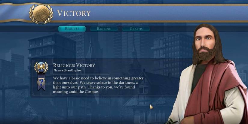 The religious victory screen in Civilization 6
