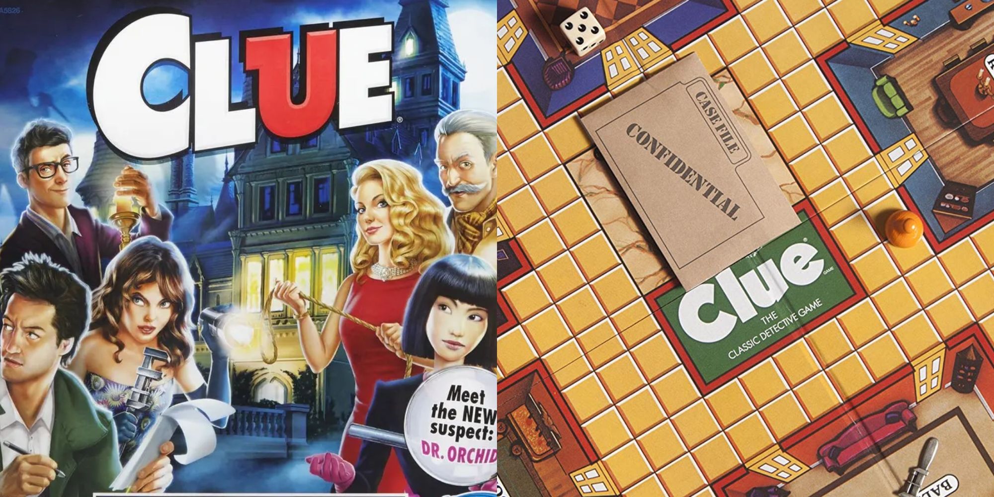 Clue board game cover beside the interior contents of the board, with the 'confidential' answers in the middle