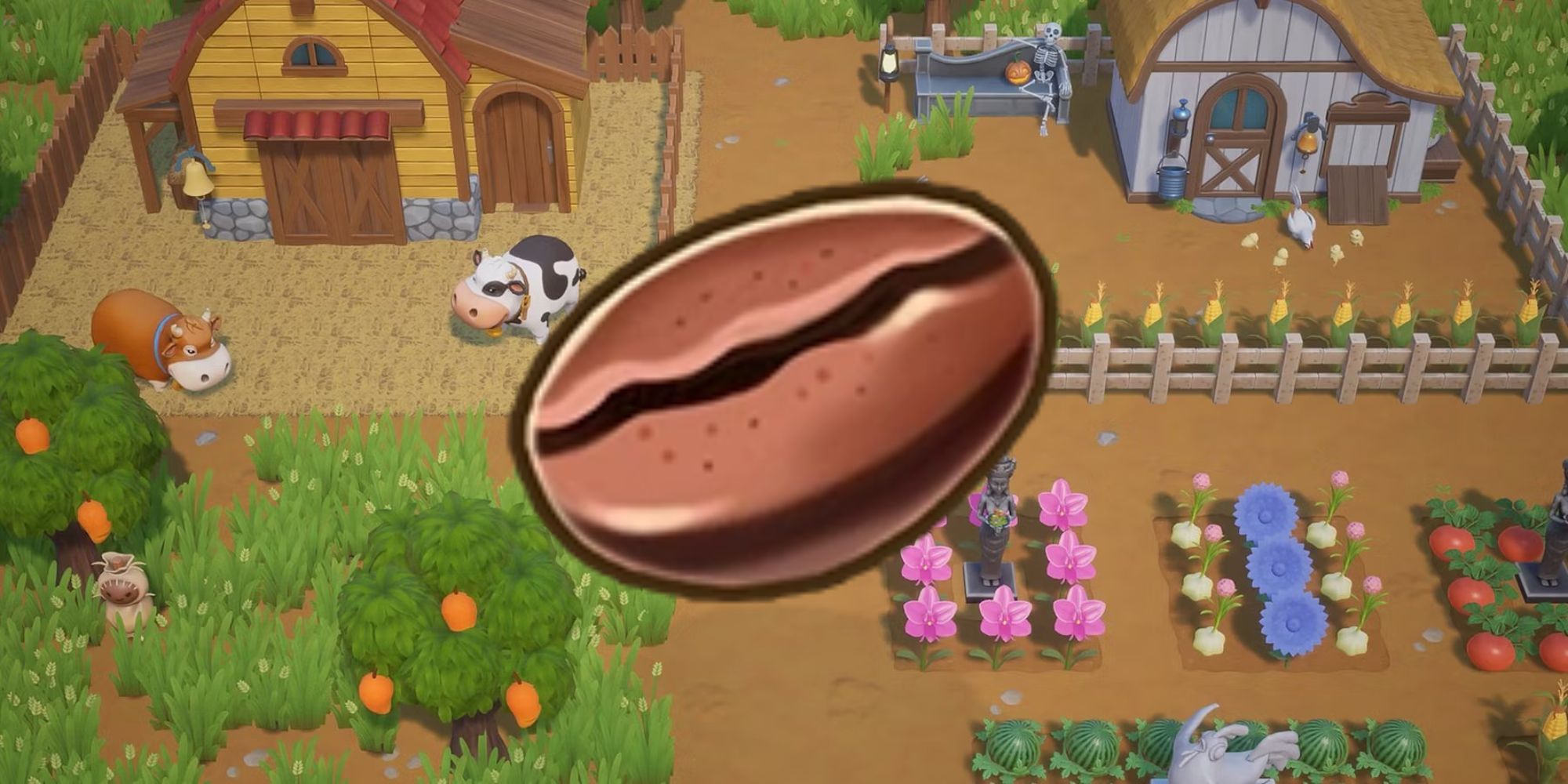 A Coffee Bean in front of a farm background in Coral Island