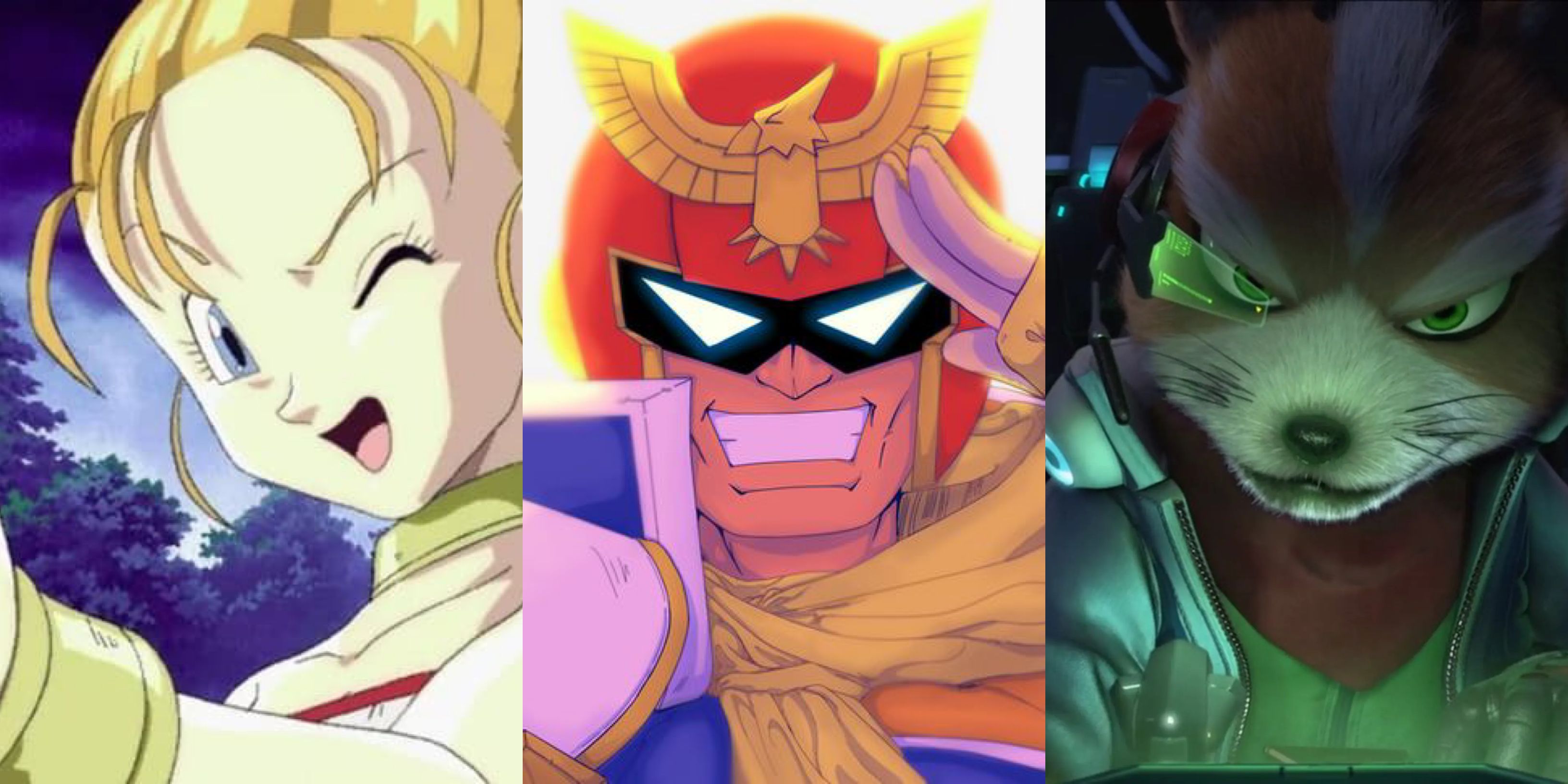 Great Characters That Debuted On The SNES: Merle from Chrono Trigger (left), Captain Falcon from F-Zero (middle), and Fox McCloud from Star Fox (right)