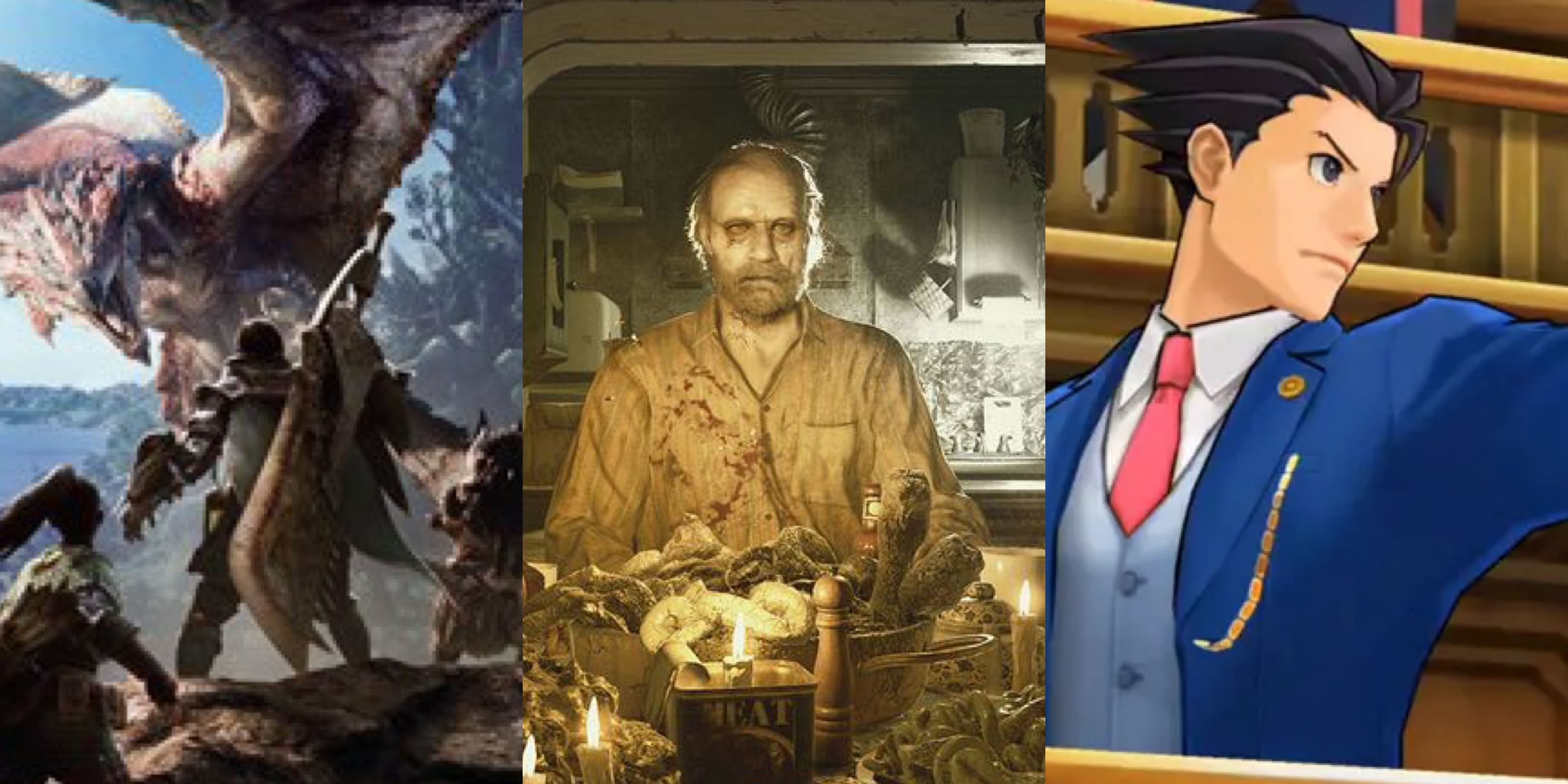 Philosophical Capcom Games: Monster Hunter: World (left), Resident Evil: Biohazard (middle), Phoenix Wright: Ace Attorney - Dual Destinies (right)