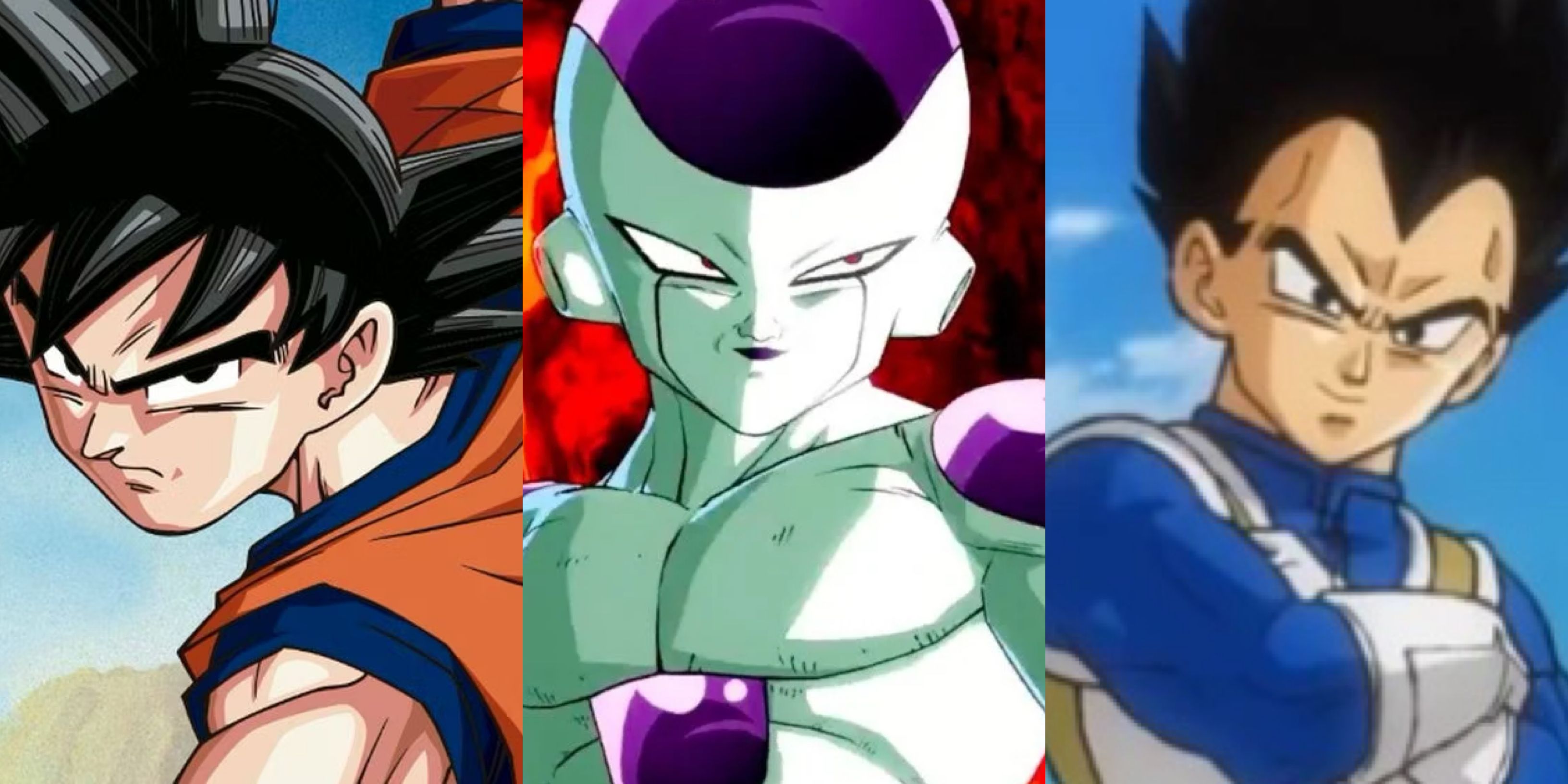 Dragon Ball Characters Who Are Better In The Anime: Goku (left), Frieza (middle), and Vegeta (right)